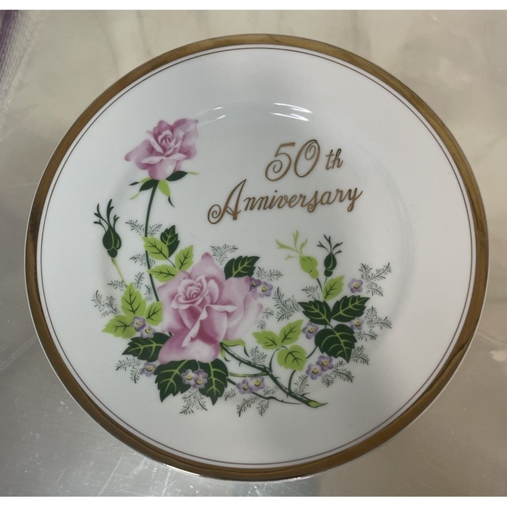Vintage Porcelain 50Th Wedding Anniversary Plate Pink Flowers Gold Trim 8.5 "